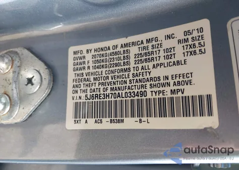 2010 Honda Cr-V Ex-L z USA, uszkodzony, nr VIN 5J6RE3H70AL033490